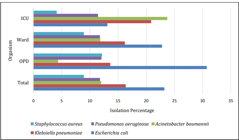 Distribution of top 5 isolates from all specimens across OPD, ward and ICU